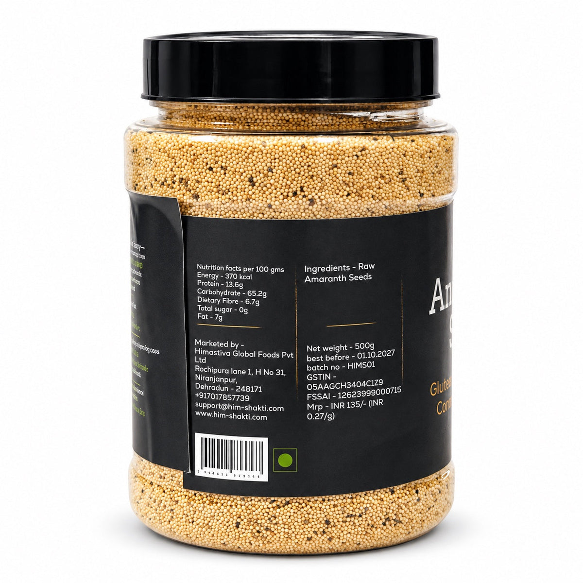 Himshakti Amaranth Seeds 500 g back pack with nutrition information