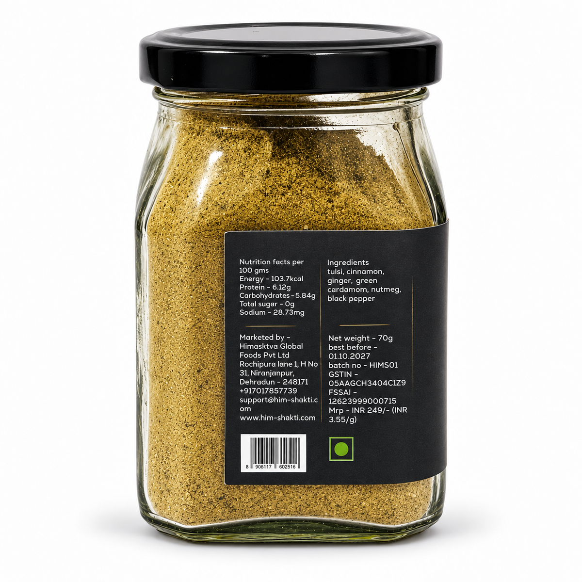 Himshakti Chai Masala 70 g back label and pack details on a white background
