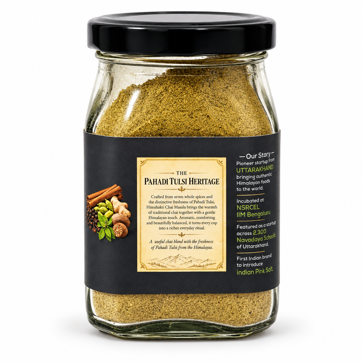 Himshakti Chai Masala glass jar showing the Pahadi Tulsi Heritage label