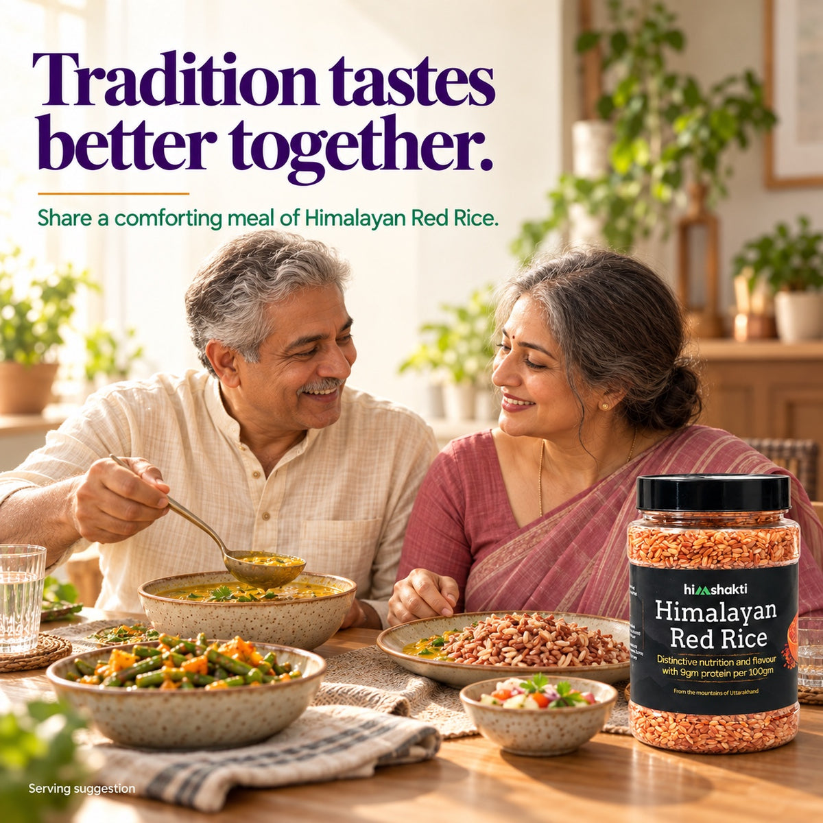 Himshakti Himalayan Red Rice family meal serving suggestion