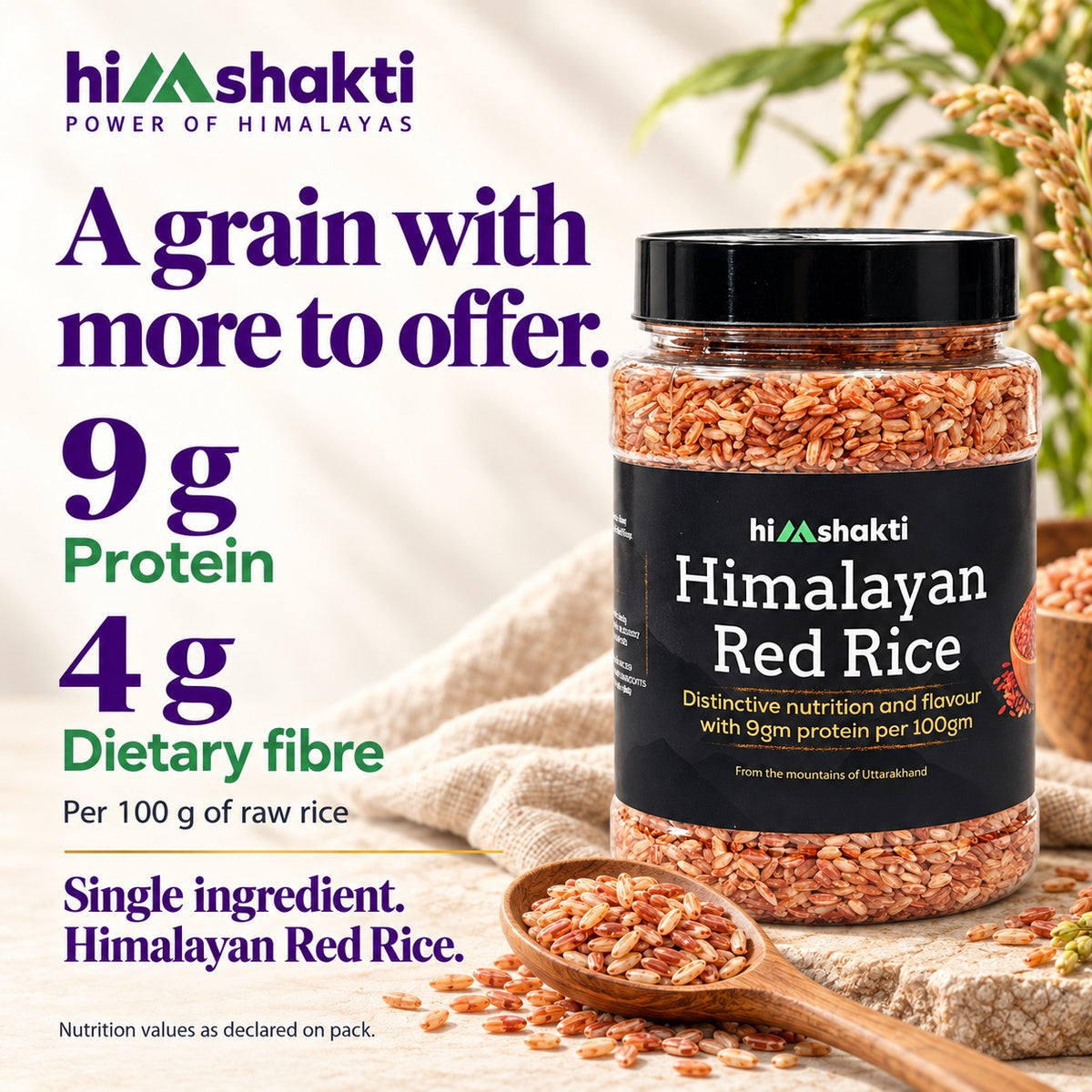 Himshakti Himalayan Red Rice nutrition with 9 g protein and 4 g dietary fibre per 100 g