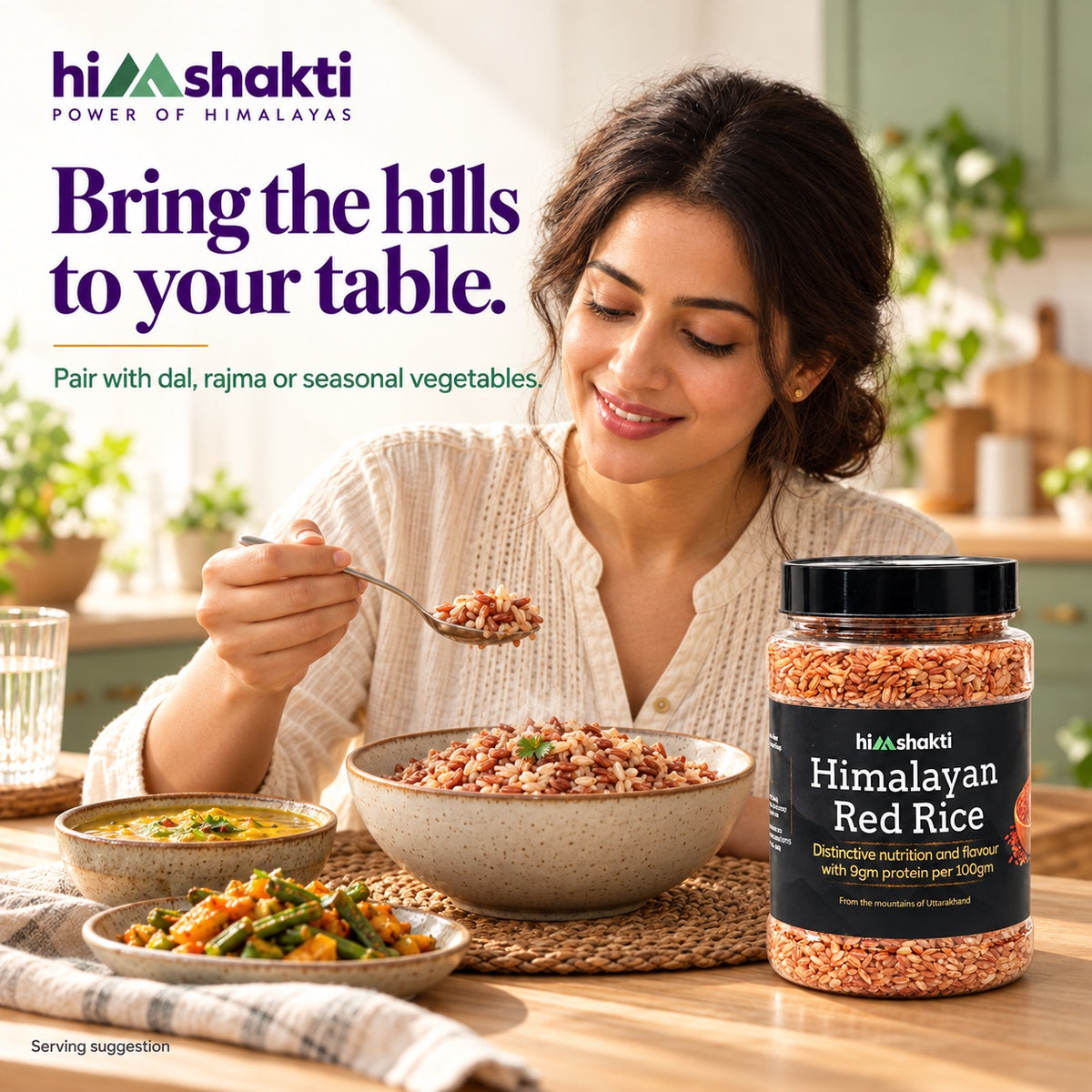 Himshakti Himalayan Red Rice serving suggestion with dal and vegetables